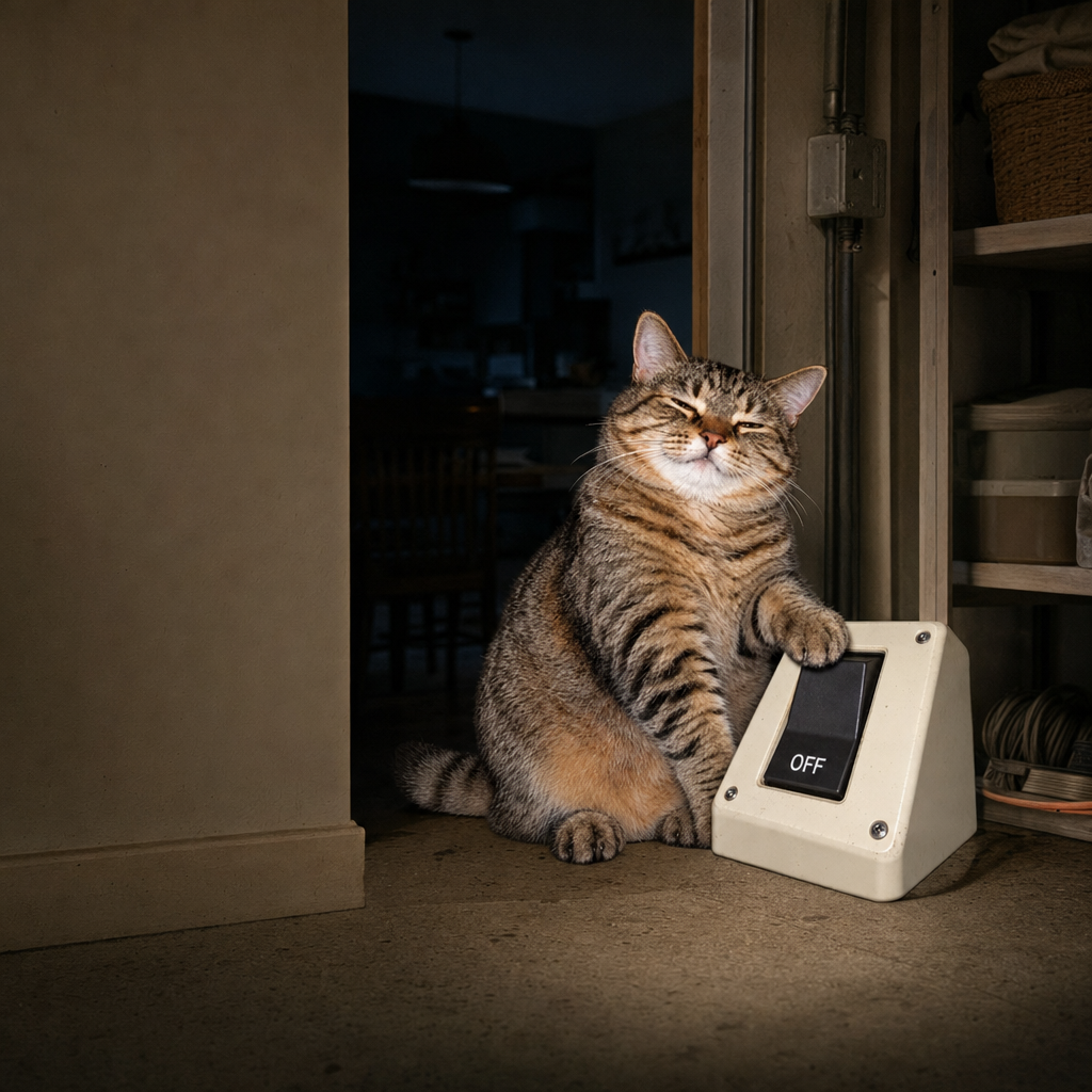 The cat sitting in a darkened apartment doorway, paw still parked on the OFF rocker beside a storage shelf